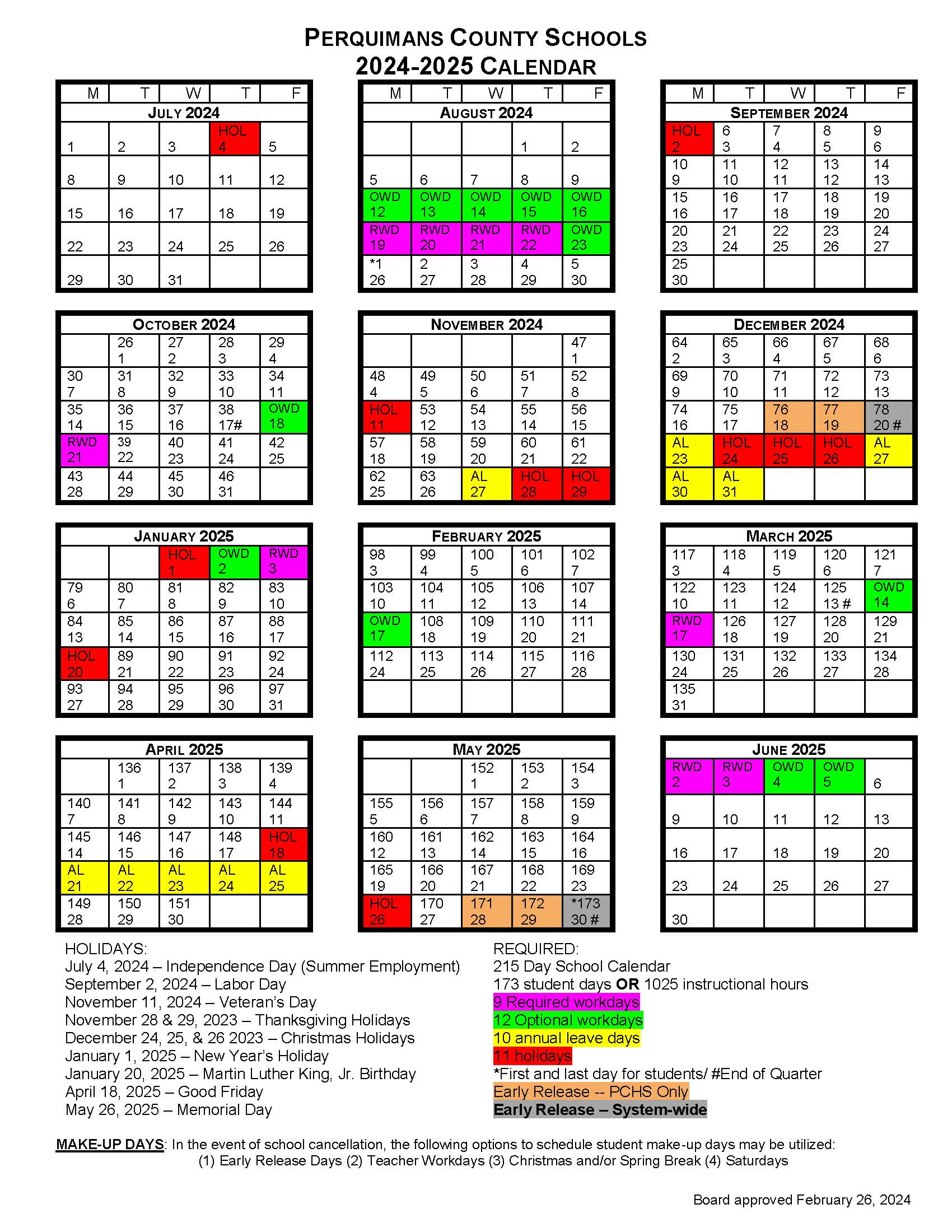 2024-2025 School Calendar